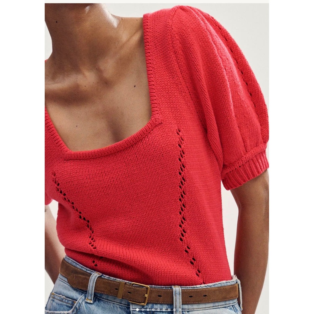 ME+EM Red Chunky Cotton Fashioned Square Neck Tee Size Small
